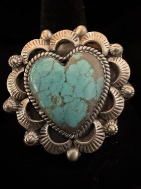 Genuine Kingman Turquoise Heart Statement Ring sterling silver Native made